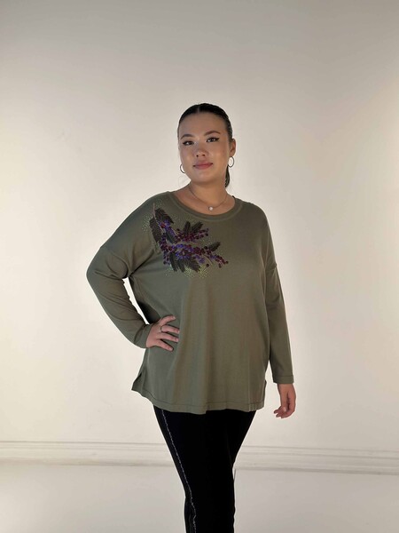 Wholesale Women's Knitwear Sweater Stone Embroidered Long Sleeve Khaki - 30750 | KAZEE - 3