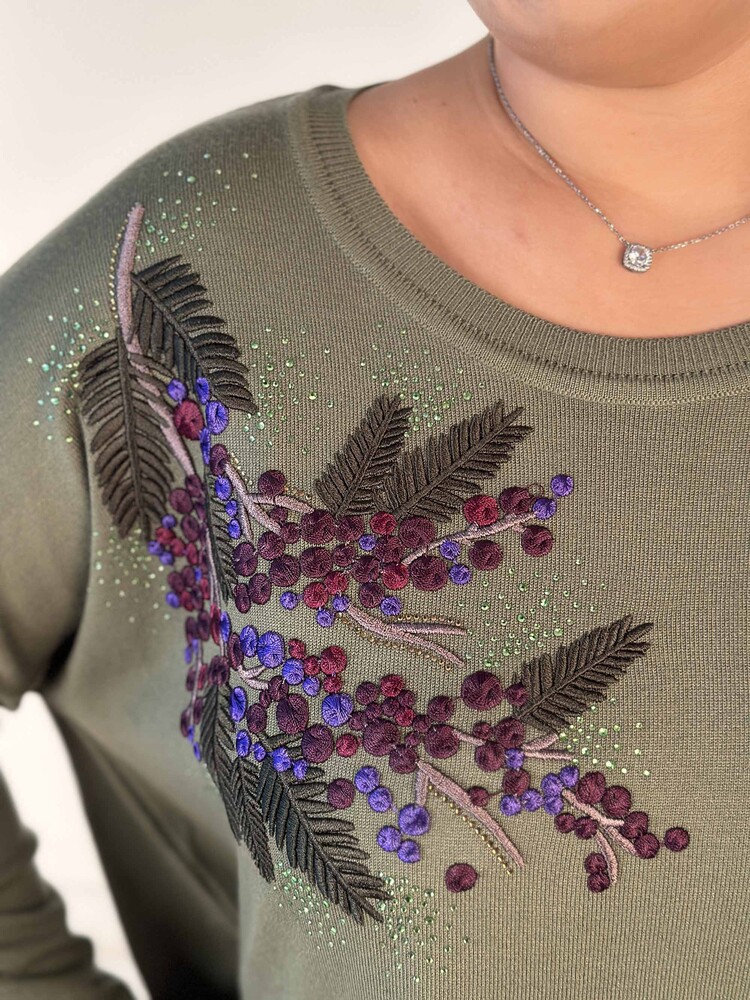 Wholesale Women's Knitwear Sweater Stone Embroidered Long Sleeve Khaki - 30750 | KAZEE - 4