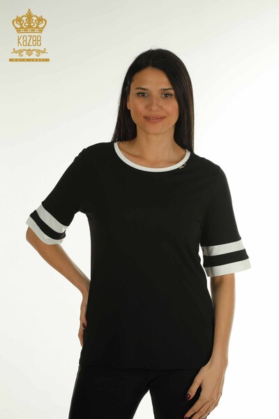 Wholesale Women's Knitwear Sweater Striped Black - 79536 | KAZEE - Thumbnail
