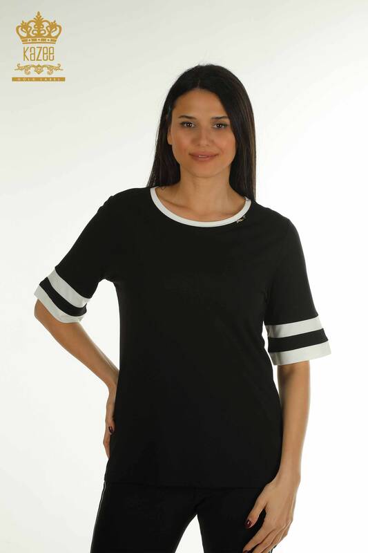 Wholesale Women's Knitwear Sweater Striped Black - 79536 | KAZEE