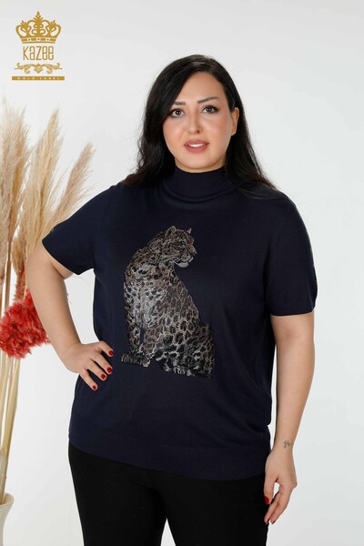 Wholesale Women's Knitwear Sweater Tiger Pattern Navy - 16999 | KAZEE 