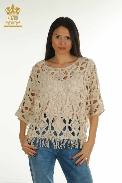 D - Wholesale Women's Knitwear Sweater With Hole Detail Beige - 2404-5555 | D