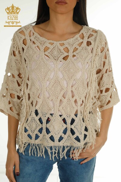 D - Wholesale Women's Knitwear Sweater With Hole Detail Beige - 2404-5555 | D (1)