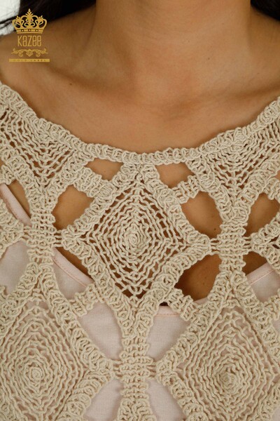 Wholesale Women's Knitwear Sweater With Hole Detail Beige - 2404-5555 | D - Thumbnail (2)