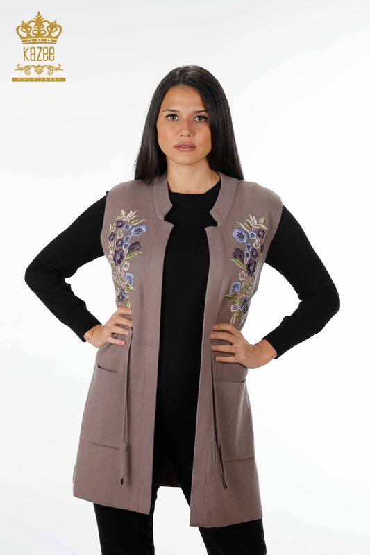 Wholesale Women's Knitwear Vest Stone Embroidered Floral Pattern - 16835 | KAZEE