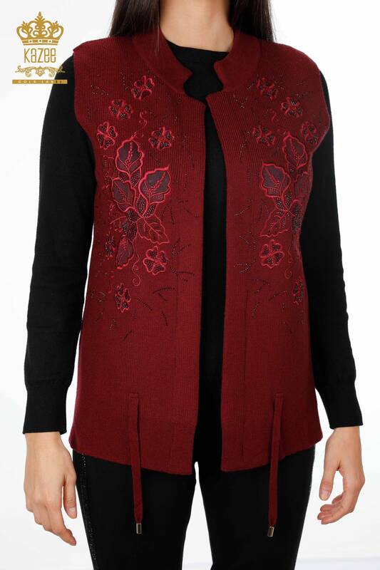Wholesale Women's Knitwear Vest Stone Embroidered Short Floral Pattern - 16839 | KAZEE