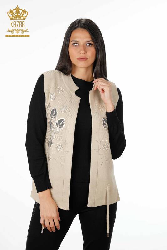 Wholesale Women's Knitwear Vest Stone Embroidered Short Floral Pattern - 16839 | KAZEE