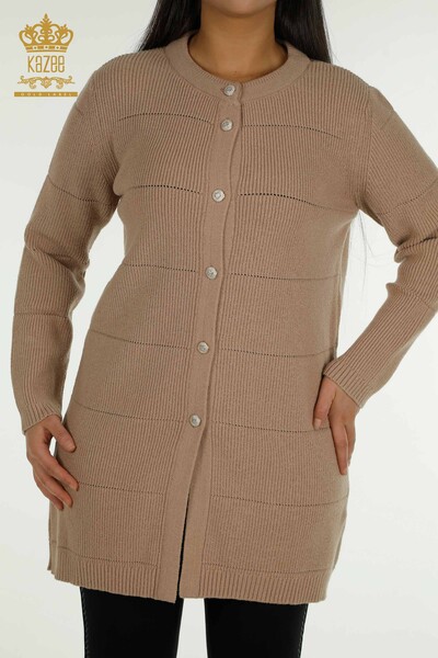 Wholesale Women's Long Cardigan With Holes Beige - 30643 | KAZEE - Thumbnail