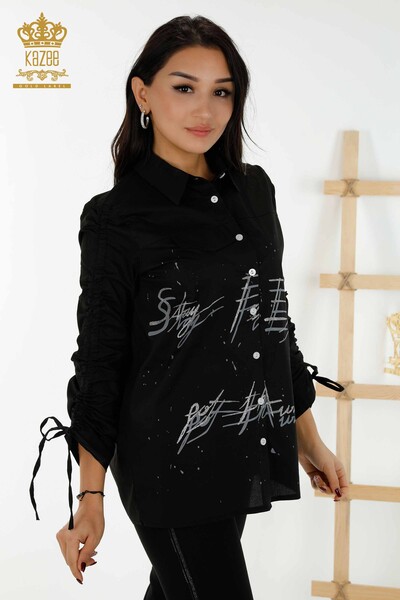 Wholesale Women's Shirt - Drawstring Sleeve - Black - 20322 | KAZEE - Thumbnail