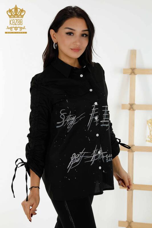 Wholesale Women's Shirt - Drawstring Sleeve - Black - 20322 | KAZEE