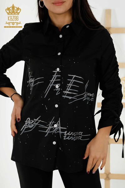 Wholesale Women's Shirt - Drawstring Sleeve - Black - 20322 | KAZEE - Thumbnail