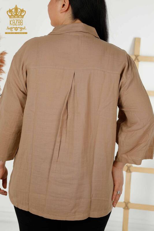 Wholesale Women's Shirt - Sleeve Button Detailed Beige - 20403 | KAZEE
