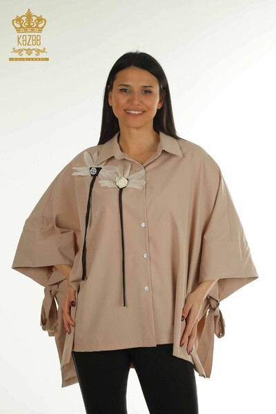 Wholesale Women's Shirts Flower Embroidered Beige - 2410-4015 | G - Thumbnail