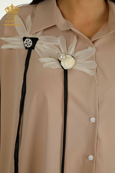 Wholesale Women's Shirts Flower Embroidered Beige - 2410-4015 | G - Thumbnail