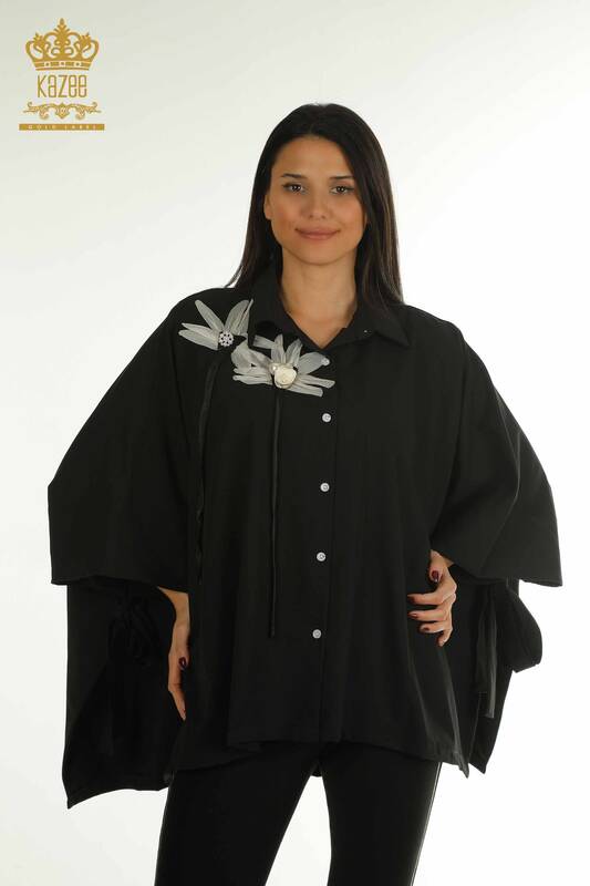 Wholesale Women's Shirts Flower Embroidered Black - 2410-4015 | G