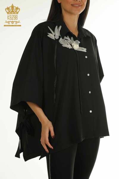 Wholesale Women's Shirts Flower Embroidered Black - 2410-4015 | G - Thumbnail