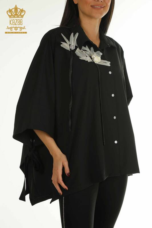 Wholesale Women's Shirts Flower Embroidered Black - 2410-4015 | G