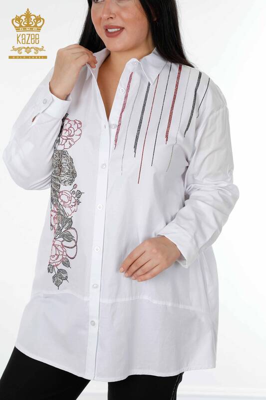 Wholesale Women's Shirt Tiger and Rose Patterned White - 20191 | KAZEE
