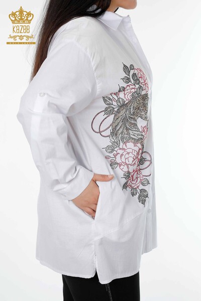 Wholesale Women's Shirt Tiger and Rose Patterned White - 20191 | KAZEE - Thumbnail