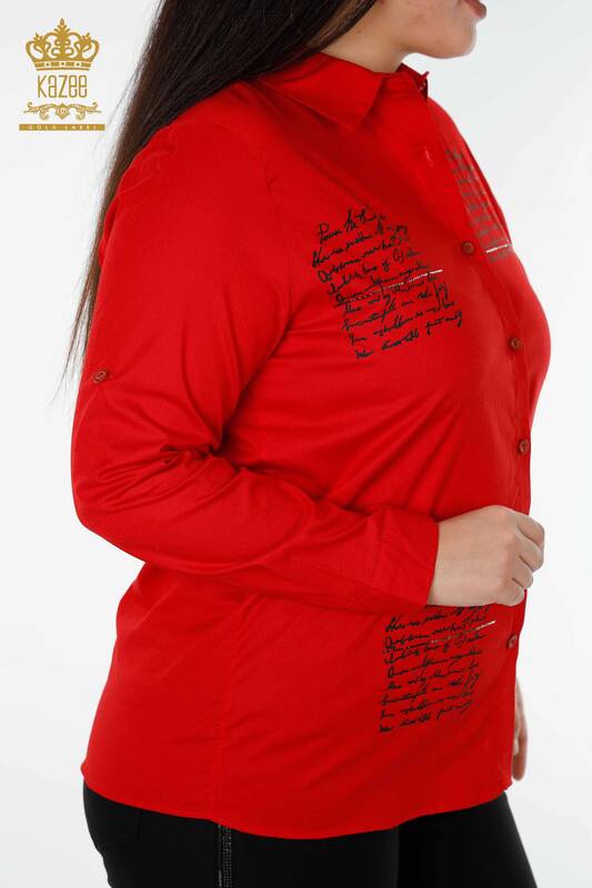 Wholesale Women's Shirt With Text Detailed Red - 20097 | KAZEE