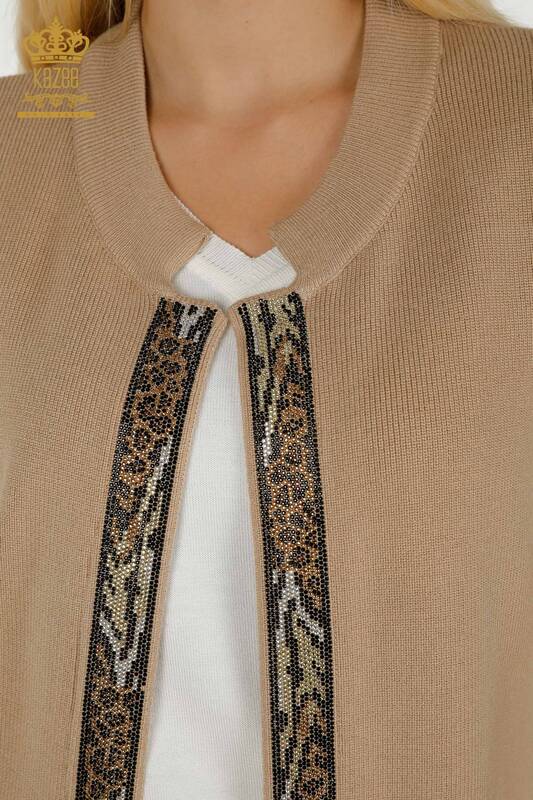 Wholesale Women's Short Vest Leopard Stone Embroidered Beige - 30616 | KAZEE