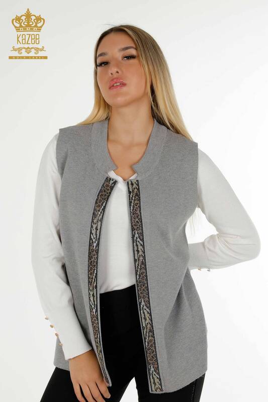 Wholesale Women's Short Vest Leopard Stone Embroidered Gray - 30616 | KAZEE