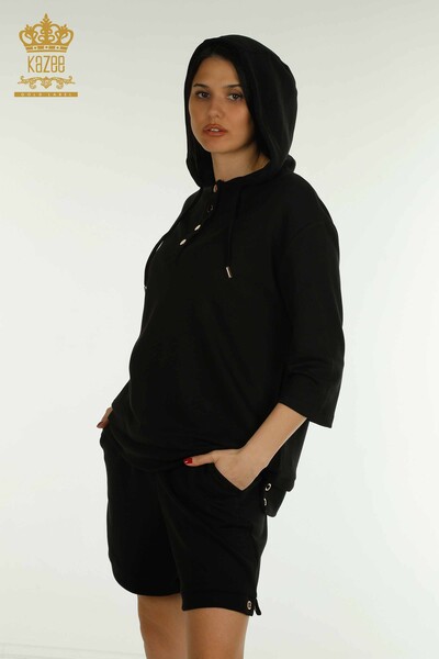 Wholesale Women's Shorts Tracksuit Set Hooded Black - 17695 | KAZEE - Thumbnail (2)