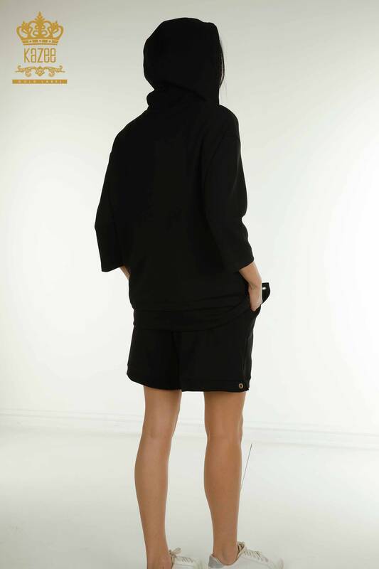 Wholesale Women's Shorts Tracksuit Set Hooded Black - 17695 | KAZEE