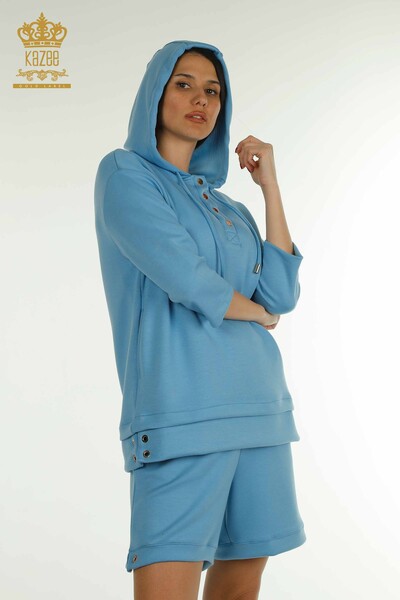 Wholesale Women's Shorts Tracksuit Set Hooded Blue - 17695 | KAZEE - Thumbnail (2)
