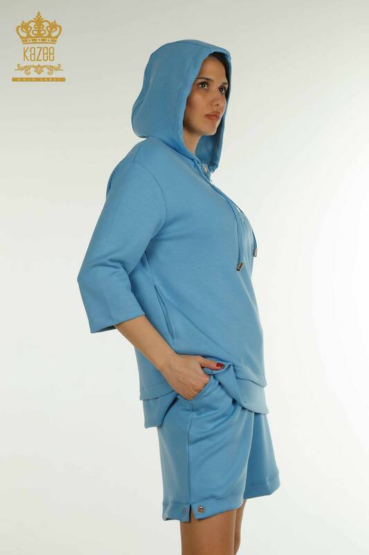 Wholesale Women's Shorts Tracksuit Set Hooded Blue - 17695 | KAZEE