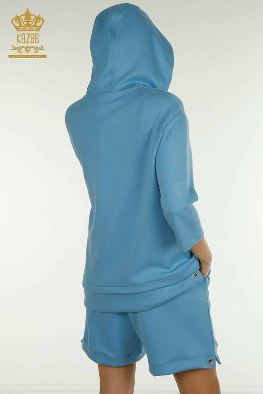 Wholesale Women's Shorts Tracksuit Set Hooded Blue - 17695 | KAZEE
