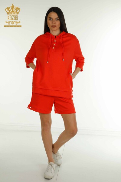 Kazee - Wholesale Women's Shorts Tracksuit Set Hooded Orange - 17695 | KAZEE