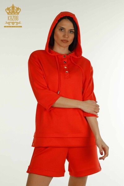 Wholesale Women's Shorts Tracksuit Set Hooded Orange - 17695 | KAZEE - Thumbnail