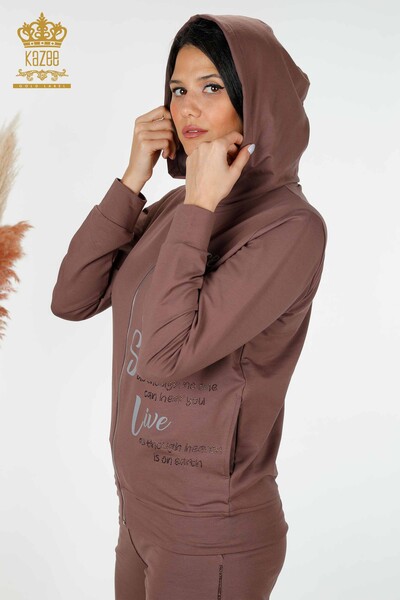 Wholesale Women's Tracksuit Set Hooded Brown - 17447 | KAZEE - Thumbnail