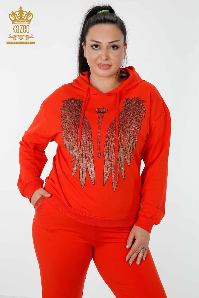 Wholesale Women's Tracksuit Set Angel Wing Pattern Orange - 17481 | KAZEE - 2