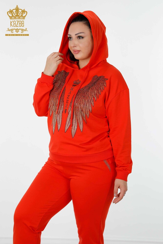 Wholesale Women's Tracksuit Set Angel Wing Pattern Orange - 17481 | KAZEE - 8