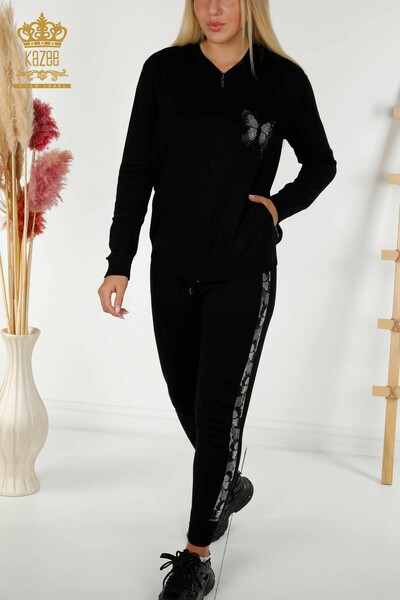 Wholesale Women's Tracksuit Set Black with Butterfly Pattern - 16678 | KAZEE - 3