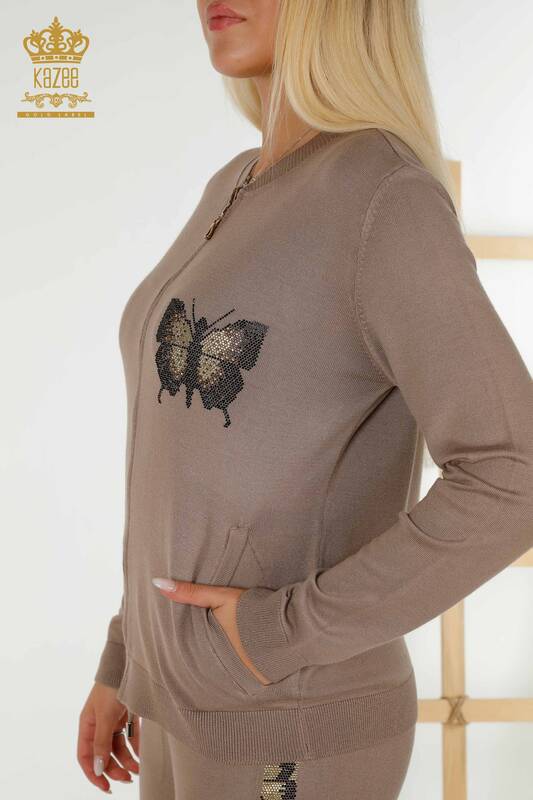 Wholesale Women's Tracksuit Set - Butterfly Pattern - Mink - 16678 | KAZEE