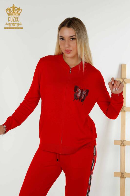 Wholesale Women's Tracksuit Set Red with Butterfly Pattern - 16678 | KAZEE