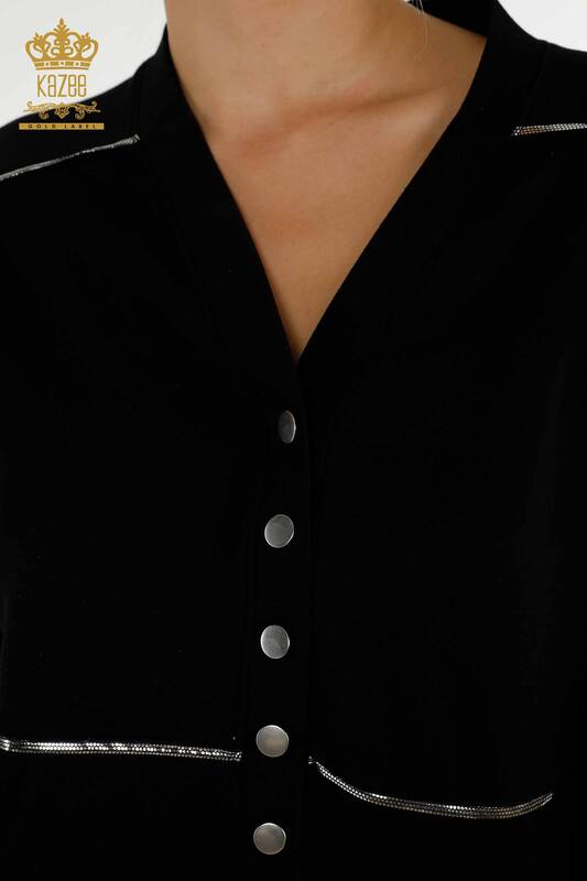 Wholesale Women's Tracksuit Set Black with Button Detail - 17551 | KAZEE