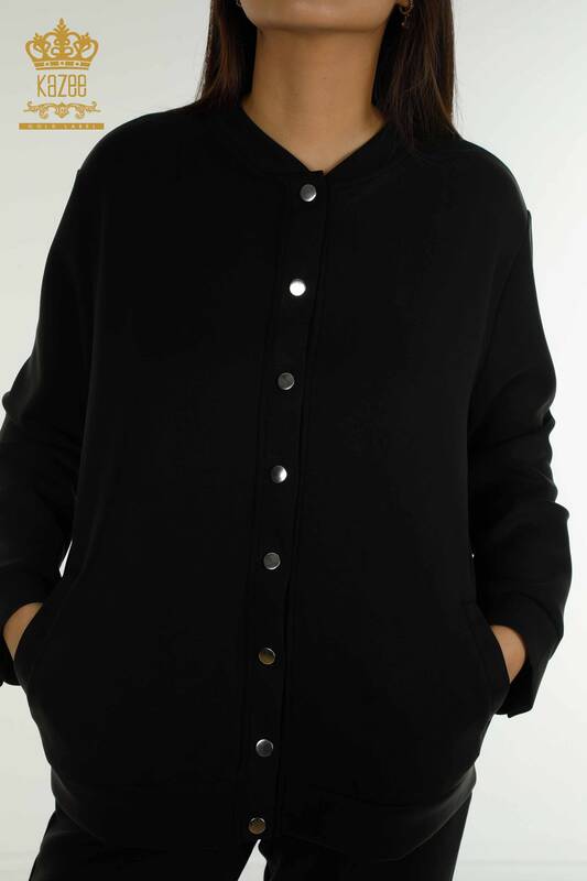 Wholesale Women's Tracksuit Set Black with Button Detail - 17624 | KAZEE
