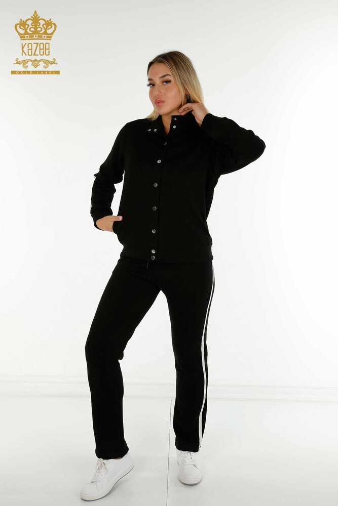 Wholesale Women's Tracksuit Set Button Detailed Black Ecru - 17594 | KAZEE - 1