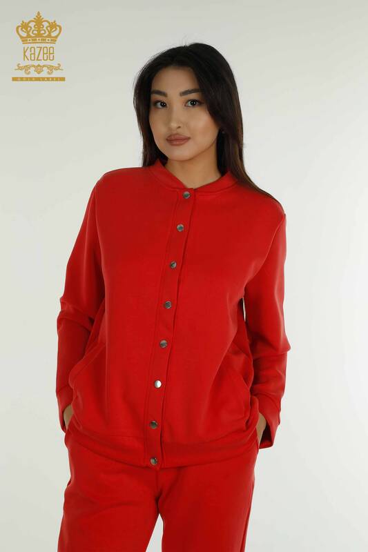 Wholesale Women's Tracksuit Set Red with Button Detail - 17624 | KAZEE