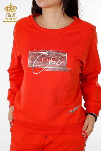 Wholesale Women's Tracksuit Set Crystal Stone Embroidered Orange - 17461 | KAZEE - 3