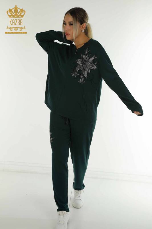 Wholesale Women's Tracksuit Set Dark Green with Floral Pattern - 16661 | KAZEE