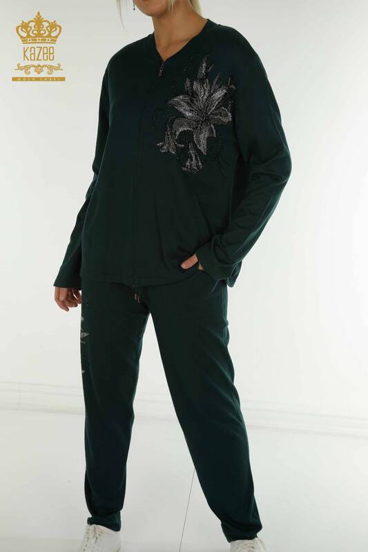 Wholesale Women's Tracksuit Set Dark Green with Floral Pattern - 16661 | KAZEE