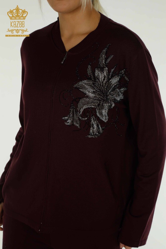 Wholesale Women's Tracksuit Set, Floral Patterned Plum - 16661 | KAZEE - 3