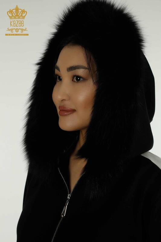 Wholesale Women's Tracksuit Set Black with Fur Detail - 17558 | KAZEE