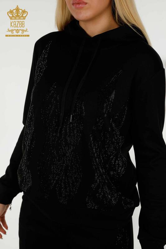 Wholesale Women's Tracksuit Set Hooded Black - 17566 | KAZEE