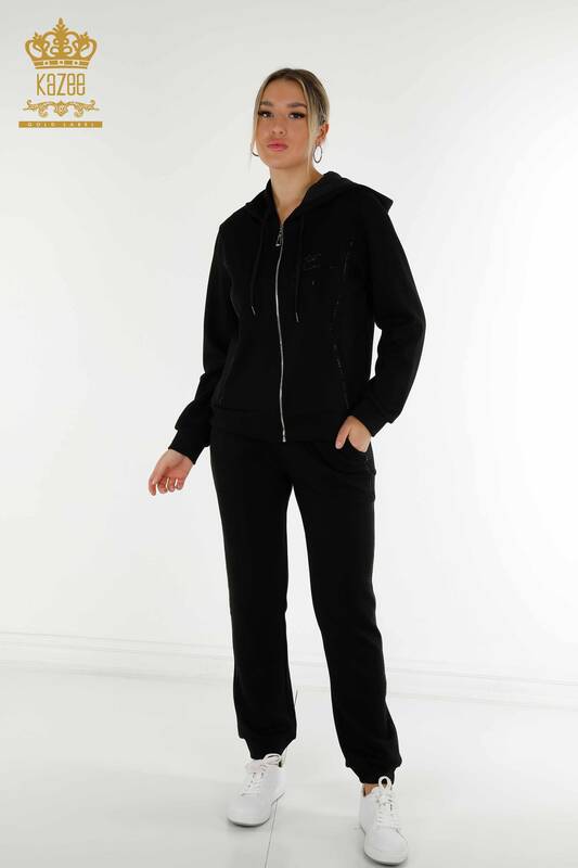 Wholesale Women's Tracksuit Set Hooded Black - 20414 | KAZEE